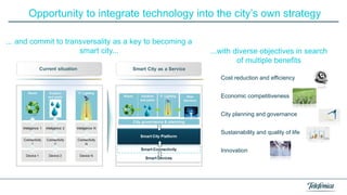 Opportunity to integrate technology into the city’s own strategy
... and commit to transversality as a key to becoming a
smart city...

...with diverse objectives in search
of multiple benefits
Cost reduction and efficiency
Economic competitiveness
City planning and governance
Sustainability and quality of life
Innovation

 