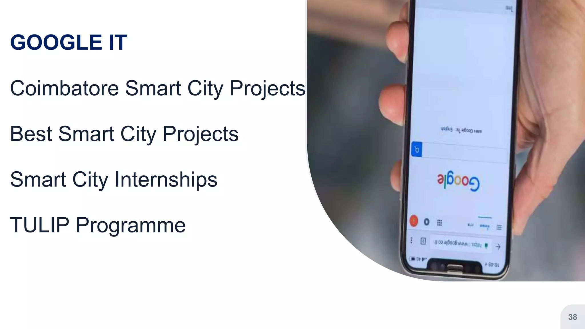 GOOGLE IT
Coimbatore Smart City Projects
Best Smart City Projects
Smart City Internships
TULIP Programme
38
 
