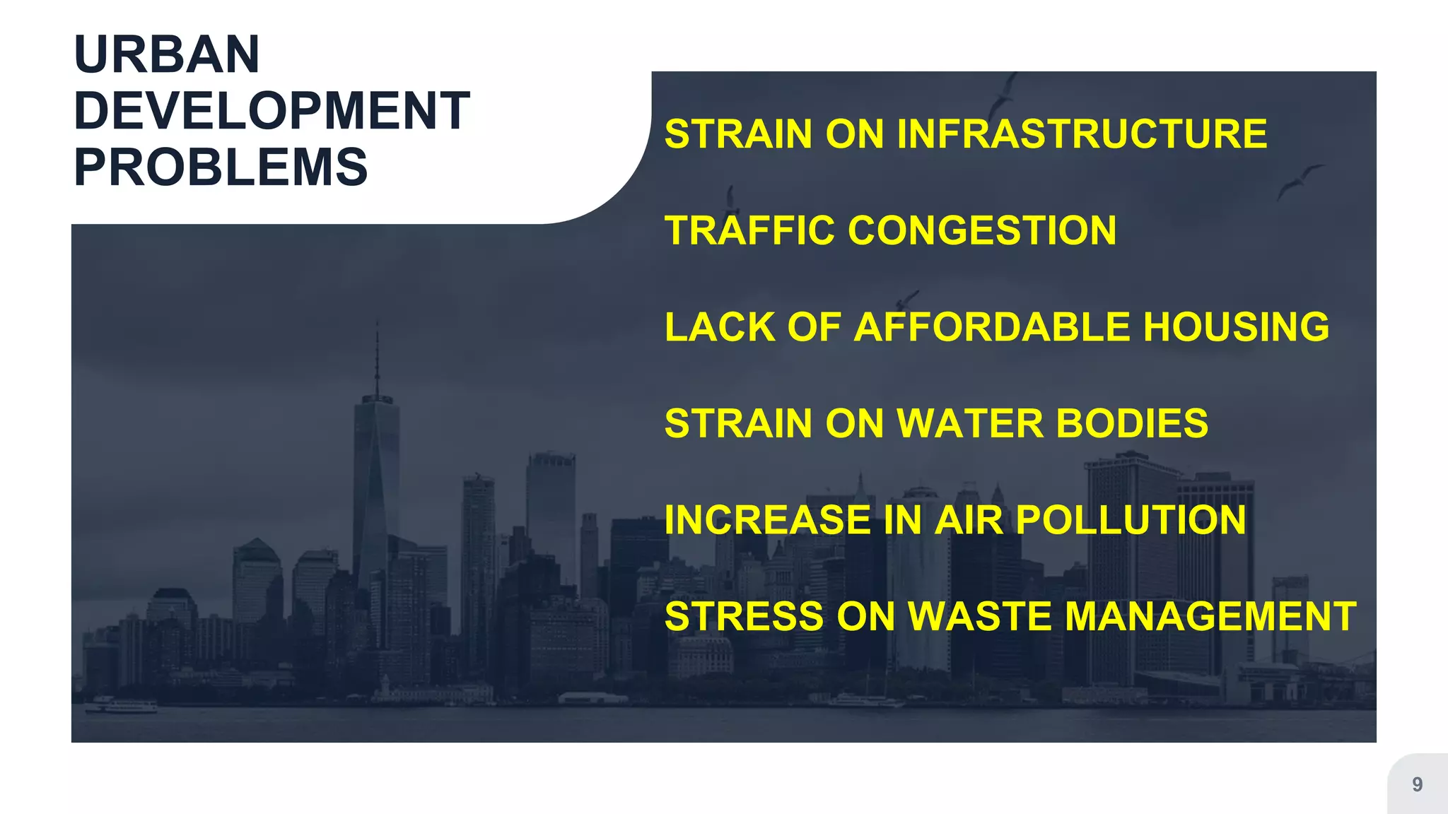 URBAN
DEVELOPMENT
PROBLEMS
STRAIN ON INFRASTRUCTURE
TRAFFIC CONGESTION
LACK OF AFFORDABLE HOUSING
STRAIN ON WATER BODIES
INCREASE IN AIR POLLUTION
STRESS ON WASTE MANAGEMENT
9
 