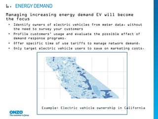 • Identify owners of electric vehicles from meter data, without
the need to survey your customers
• Profile customers’ usage and evaluate the possible effect of
demand response programs.
• Offer specific time of use tariffs to manage network demand.
• Only target electric vehicle users to save on marketing costs.
6. ENERGY DEMAND
Managing increasing energy demand EV will become
the focus
Example: Electric vehicle ownership in California
 