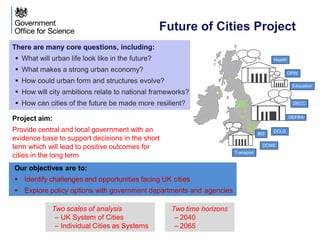 Future of Cities Project
There are many core questions, including:
 What will urban life look like in the future?
 What makes a strong urban economy?
 How could urban form and structures evolve?
 How will city ambitions relate to national frameworks?
 How can cities of the future be made more resilient?
Our objectives are to:
 Identify challenges and opportunities facing UK cities
 Explore policy options with government departments and agencies
Project aim:
Provide central and local government with an
evidence base to support decisions in the short
term which will lead to positive outcomes for
cities in the long term
Education
DECC
DEFRA
DCLG
DPW
Health
BIS
Transport
DCMS
Two scales of analysis
– UK System of Cities
– Individual Cities as Systems
Two time horizons
– 2040
– 2065
 