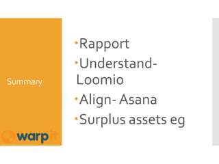 Summary
Rapport
Understand-
Loomio
Align- Asana
Surplus assets eg
 