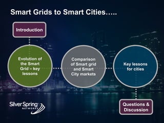 © 2015 Silver Spring Networks. All rights reserved.
Questions &
Discussion
Key lessons
for cities
Evolution of
the Smart
Grid – key
lessons
Introduction
Comparison
of Smart grid
and Smart
City markets
Smart Grids to Smart Cities…..
 