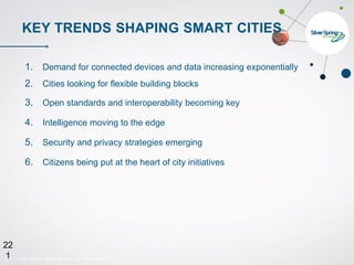 © 2015 Silver Spring Networks. All rights reserved.221
22
1
KEY TRENDS SHAPING SMART CITIES
1. Demand for connected devices and data increasing exponentially
2. Cities looking for flexible building blocks
3. Open standards and interoperability becoming key
4. Intelligence moving to the edge
5. Security and privacy strategies emerging
6. Citizens being put at the heart of city initiatives
 