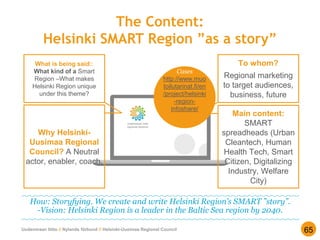 Uudenmaan liitto // Nylands förbund // Helsinki-Uusimaa Regional Council
The Content:
Helsinki SMART Region ”as a story”
65
How: Storyfying. We create and write Helsinki Region’s SMART ”story”.
-Vision: Helsinki Region is a leader in the Baltic Sea region by 2040.
What is being said::
What kind of a Smart
Region –What makes
Helsinki Region unique
under this theme?
To whom?
Regional marketing
to target audiences,
business, future
Why Helsinki-
Uusimaa Regional
Council? A Neutral
actor, enabler, coach,
Main content:
SMART
spreadheads (Urban
Cleantech, Human
Health Tech, Smart
Citizen, Digitalizing
Industry, Welfare
City)
Cases
http://www.muo
toilutarinat.fi/en
/project/helsinki
-region-
infoshare/
 