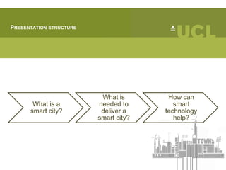 PRESENTATION STRUCTURE
What is a
smart city?
What is
needed to
deliver a
smart city?
How can
smart
technology
help?
 