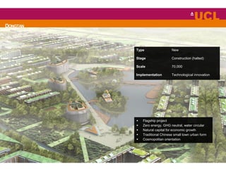 DONGTAN
Type New
Stage Construction (halted)
Scale 70,000
Implementation Technological innovation
 Flagship project
 Zero energy, GHG neutral, water circular
 Natural capital for economic growth
 Traditional Chinese small town urban form
 Cosmopolitan orientation
 