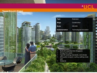 TIANJIN ECO-CITY (CHINA)
Type Extension
Stage Construction
Scale 350,000
Implementation Technological innovation
 Built with expertise from Singapore
 Energy from waste
 High EE buildings standards, cold climate
 90% public transport, cycling, walking mode
split
 Wetlands
 