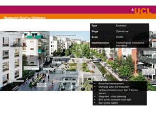 HAMMARBY-SJÖSTAD (SWEDEN)
 Brownfield development
 Olympics 2004 bid motivation
 carbon emissions lower than 3 tonnes
/person
 Integrated urban planning
 80% public transport mode split
 Eco-cycles system
Type Extension
Stage Operational
Scale 35,000
Implementation Technological, institutional
innovation
 