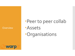 Overview
Peer to peer collab
Assets
Organisations
 