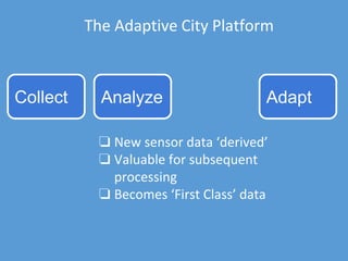 The Adaptive City Platform
Collect Analyze Predict Adapt
❏ Adapt based on what
you are predicting is
going to happen, not
...