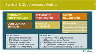 Services & Global presence Hudson
TALENT
MANAGEMENT
PERMANENT
RECRUITMENT
CONTRACT
PROFESSIONALS
WORLDWIDE:
• 23 countries...