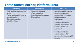 Three routes: Anchor, Platform, Beta
Anchor City Platform City Beta City
• Adds working applications in
series
• A clear and pressing need for
one application
• Others are added as
priorities dictate
• Focuses on deploying
infrastructure first
• Several applications can be
delivered later
• Experiments with multiple
applications without a
finalised plan for how to
bring pilots to full
deployment
• Accepts that currently
available technologies and
business models are
provisional
• Prioritises hands-on
experience over short-
term/medium-term tangible
benefits.
9Machina Research
 