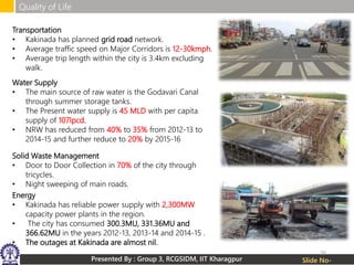 Presented By : Group 3, RCGSIDM, IIT Kharagpur
Quality of Life
Slide No-
Transportation
• Kakinada has planned grid road network.
• Average traffic speed on Major Corridors is 12-30kmph.
• Average trip length within the city is 3.4km excluding
walk.
Water Supply
• The main source of raw water is the Godavari Canal
through summer storage tanks.
• The Present water supply is 45 MLD with per capita
supply of 107lpcd.
• NRW has reduced from 40% to 35% from 2012-13 to
2014-15 and further reduce to 20% by 2015-16
Solid Waste Management
• Door to Door Collection in 70% of the city through
tricycles.
• Night sweeping of main roads.
Energy
• Kakinada has reliable power supply with 2,300MW
capacity power plants in the region.
• The city has consumed 300.3MU, 331.36MU and
366.62MU in the years 2012-13, 2013-14 and 2014-15 .
• The outages at Kakinada are almost nil.
26
 