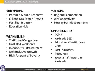Presented By : Group 3, RCGSIDM, IIT Kharagpur
KAKINADA SMART CITY PROPOSAL
Slide No-
STRENGHTS-
• Port and Marine Economy
• Oil and Gas Sector Growth
• Fertilizer Industry
• Education Hub
WEAKNESSES-
• Traffic and Congestion
• Unskilled Workforce
• Inferior city infrastructure
• Non Inclusive Growth
• High Amount of Poverty
OPPORTUNITIES-
• PCPIR
• Kakinada SEZ
• Educational Institutions
• VCIC
• Port Industries
• Resources
• Yokohama’s intrest in
Kakinada
THREATS-
• Regional Competition
• Air Connectivity
• Nearby Port developments
31
 