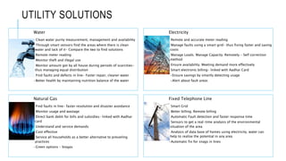 UTILITY SOLUTIONS
Water
•Clean water purity measurement, management and availability
•Through smart sensors find the areas where there is clean
water and lack of it- Compare the two to find solutions
•Remote meter reading
•Monitor theft and illegal use
•Monitor amount got by all house during periods of scarcities-
thus managing equal distribution
•Find faults and defects in line- Faster repair, cleaner water
•Better health by maintaining nutrition balance of the water
Electricity
•Remote and accurate meter reading
•Manage faults using a smart grid- thus fixing faster and saving
costs
•Manage Loads. Manage Capacity. Remotely.- Self correction
method
•Ensure availability. Meeting demand more effectively
•Smart electronic billing- linked with Aadhar Card
•Ensure savings by smartly detecting usage
•Alert about fault areas
Natural Gas
•Find faults in line- faster resolution and disaster avoidance
•Monitor usage and wastage
•Direct bank debit for bills and subsidies- linked with Aadhar
card
•Understand and service demands
•Cost effective
•Service all households as a better alternative to prevailing
practices
•Green options - biogas
Fixed Telephone Line
•Smart Grid
•Better billing. Remote billing
•Automatic Fault detection and faster response time
•Sensors to get a real-time analysis of the environmental
situation of the area
•Analysis of data base of homes using electricity, water can
help to realise the potential in any area
•Automatic fix for snags in lines
 
