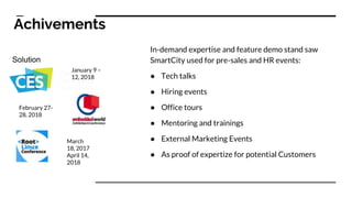 Solution
Achivements
January 9 –
12, 2018
February 27-
28, 2018
March
18, 2017
April 14,
2018
In-demand expertise and feature demo stand saw
SmartCity used for pre-sales and HR events:
● Tech talks
● Hiring events
● Office tours
● Mentoring and trainings
● External Marketing Events
● As proof of expertize for potential Customers
 