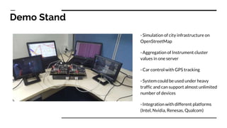 Demo Stand
-Simulation of city infrastructure on
OpenStreetMap
-Aggregation of Instrument cluster
values in one server
-Car control with GPS tracking
-System could be used under heavy
traffic and can support almost unlimited
number of devices
-Integration with different platforms
(Intel, Nvidia, Renesas, Qualcom)
 