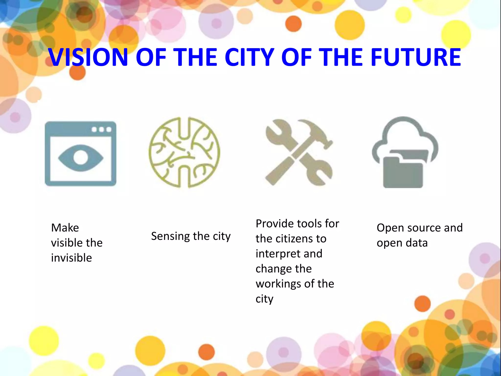 VISION OF THE CITY OF THE FUTURE
Make
visible the
invisible
Sensing the city
Provide tools for
the citizens to
interpret and
change the
workings of the
city
Open source and
open data
 