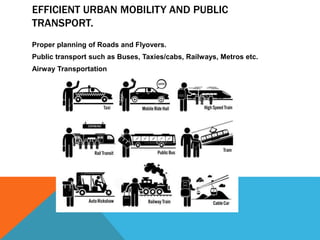 EFFICIENT URBAN MOBILITY AND PUBLIC
TRANSPORT.
Proper planning of Roads and Flyovers.
Public transport such as Buses, Taxies/cabs, Railways, Metros etc.
Airway Transportation
 