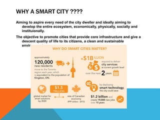 WHY A SMART CITY ????
Aiming to aspire every need of the city dweller and ideally aiming to
develop the entire ecosystem, economically, physically, socially and
instituionally.
The objective to promote cities that provide core infrastructure and give a
descent quality of life to its citizens, a clean and sustainable
environment.
 