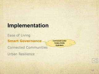Implementation
Ease of Living
Smart Governance
Connected Communities
Urban Resilience
Command&Control
Centers,Mobile
Applications
68
 