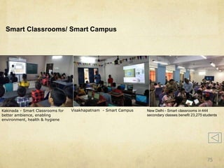 Smart Classrooms/ Smart Campus
Kakinada - Smart Classrooms for
better ambience, enabling
environment, health & hygiene
New Delhi - Smart classrooms in 444
secondary classes benefit 23,275 students
Visakhapatnam - Smart Campus
75
 