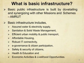 What is basic infrastructure?
 Basic public infrastructure is built by dovetailing
and synergizing with other Missions and Schemes
– AMRUT
 Basic infrastructure includes,
 Assured water & electricity supply,
 Sanitation & Solid Waste Management,
 Efficient urban mobility & public transport,
 Affordable Housing,
 Robust IT connectivity,
 e-governance & citizen participation,
 Safety & security of citizens,
 Health & Education and
 Economic Activities & Livelihood Opportunities.
8
 