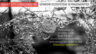 VENDOR ECOSYSTEM ISFRAGMENTED
THOUSANDS OF
VENDORS CLAIM
TO BE THE BEST
DEVICE/NETWORK/PLATFORM…
WHO SHOULD WE SELECT AS OUR
STRATEGIC PARTNERS?
SMART CITY CHALLENGE#5
 