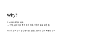 Why?
도시마다 목적이 다름
-> 전력 소비 저감, 환경 문제 해결, 인프라 효율 상승 등
국내의 경우 인구 밀집에 따른 혼잡도 증가로 인해 자동화 추구
 