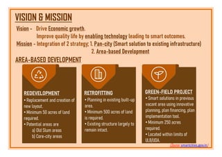 VISION & MISSION
Vision - Drive Economic growth.
Improve quality life by enabling technology leading to smart outcomes.
Mission - Integration of 2 strategy; 1. Pan-city (Smart solution to existing infrastructure)
2. Area-based Development
AREA-BASED DEVELOPMENT
REDEVELOPMENT RETROFITTING GREEN-FIELD PROJECT
• Replacement and creation of
new layout.
• Minimum 50 acres of land
required.
• Potential areas are
a) Old Slum areas
b) Core-city areas
• Planning in existing built-up
area.
• Minimum 500 acres of land
is required.
• Existing structure largely to
remain intact.
• Smart solutions in previous
vacant area using innovative
planning, plan financing, plan
implementation tool.
• Minimum 250 acres
required.
• Located within limits of
ULB/UDA.
(Source- smartcities.gov.in)
 
