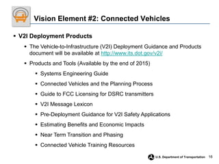 16
U.S. Department of Transportation
Vision Element #2: Connected Vehicles
 V2I Deployment Products
 The Vehicle-to-Infrastructure (V2I) Deployment Guidance and Products
document will be available at http://www.its.dot.gov/v2i/
 Products and Tools (Available by the end of 2015)
 Systems Engineering Guide
 Connected Vehicles and the Planning Process
 Guide to FCC Licensing for DSRC transmitters
 V2I Message Lexicon
 Pre-Deployment Guidance for V2I Safety Applications
 Estimating Benefits and Economic Impacts
 Near Term Transition and Phasing
 Connected Vehicle Training Resources
 