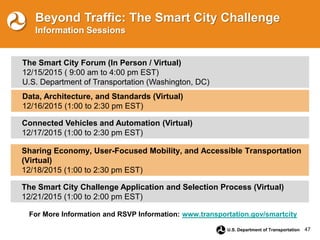 47
U.S. Department of Transportation
The Smart City Forum (In Person / Virtual)
12/15/2015 ( 9:00 am to 4:00 pm EST)
U.S. Department of Transportation (Washington, DC)
For More Information and RSVP Information: www.transportation.gov/smartcity
Beyond Traffic: The Smart City Challenge
Information Sessions
Data, Architecture, and Standards (Virtual)
12/16/2015 (1:00 to 2:30 pm EST)
Connected Vehicles and Automation (Virtual)
12/17/2015 (1:00 to 2:30 pm EST)
Sharing Economy, User-Focused Mobility, and Accessible Transportation
(Virtual)
12/18/2015 (1:00 to 2:30 pm EST)
The Smart City Challenge Application and Selection Process (Virtual)
12/21/2015 (1:00 to 2:00 pm EST)
 