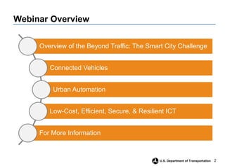 2
U.S. Department of Transportation
Webinar Overview
Overview of the Beyond Traffic: The Smart City Challenge
Connected Ve...