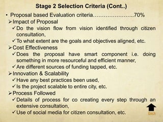 Stage 2 Selection Criteria (Cont..)
• Proposal based Evaluation criteria…………………..70%
Impact of Proposal
Do the vision flow from vision identified through citizen
consultation,
To what extent are the goals and objectives aligned, etc.
Cost Effectiveness
Does the proposal have smart component i.e. doing
something in more resourceful and efficient manner,
Are different sources of funding tapped, etc.
Innovation & Scalability
Have any best practices been used,
Is the project scalable to entire city, etc.
Process Followed
Details of process for co creating every step through an
extensive consultation,
Use of social media for citizen consultation, etc. Back
 