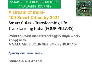 A Dream of India-
100 Smart Cities by 2024
Smart Cities - Transforming Life –
Transforming India.(FOUR PILLARS)
Point to Point understanding(15 days work-
shop) with
A VALUABLE JOURNEY(3nd day 18.07.15)
A journey which never ends …
Sharda & K J Anand
SMART CITY A REQUIREMENT OF
A VALUABLE JOURNEY
 