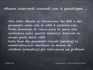 Attuare interventi coerenti con il paradigma ...



    Allo stato attuale la rilevazione dei dati e dei
    parametri sulla vita in città è centralizzata.
    Pochi terminali di rilevazione (si pensi alle
    centraline sulla qualità dell'aria) dislocati in
    alcuni punti della città
    Sulla base dei parametri rilevati (sensing) le
    amministrazioni decidono le misure da
    adottare (actuating) per intervenire sui problemi



ottobre 2012                      germano paini - Università Milano Bicocca
 