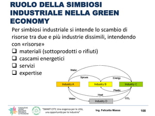 “SMART CITY, Una esigenza per le città,
una opportunità per le industrie”
ECONOMIA CIRCOLARE
Ing. Felicetto Massa 108
L’ECONOMIA CIRCOLARE PREVEDE
 La progettazione dall’inizio di un sistema più virtuoso
rispetto a quello che regolare l’economia lineare
 che vengano utilizzate al 100 % le fonti di energia
rinnovabile (elemento centrale della sostenibilità)
 che ci sia un grande passaggio di informazioni tra i
diversi soggetti economici.
Per questo motivo serve:
 Una forte capacità di innovazione
 prodotti disegnati in maniera efficiente, che durino nel
tempo e che nella loro interezza o nelle loro singole
parti possano essere riciclabili o riutilizzabili in altre
forme.
 