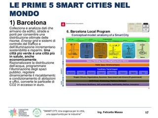 “SMART CITY, Una esigenza per le città,
una opportunità per le industrie”
LE PRIME 5 SMART CITIES NEL
MONDO
1) Barcelona
Colleziona e analizza dati che
arrivano da edifici, strade e
ponti per consentire una
distribuzione ottimale delle
risorse. Energy grid e sistemi di
controllo del traffico e
dell’illuminazione incrementano
sostenibilità e risparmi. Una
città più verde è una città più
in salute, anche
economicamente.
Razionalizzare la distribuzione
dell’acqua, programmare
l’illuminazione degli spazi
pubblici, regolare
dinamicamente il riscaldamento
e condizionamento di abitazioni
e uffici, converte le particelle di
CO2 in eccesso in euro.
Ing. Felicetto Massa 17
 