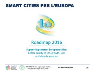 “SMART CITY, Una esigenza per le città,
una opportunità per le industrie”
SMART CITIES PER L’EUROPA
Ing. Felicetto Massa 29
 