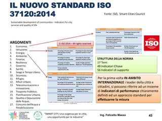 “SMART CITY, Una esigenza per le città,
una opportunità per le industrie”
IL NUOVO STANDARD ISO
37120:2014
Ing. Felicetto Massa 45
ARGOMENTI
1. Economia;
2. Istruzione;
3. Energia;
4. Ambiente;
5. Finanza;
6. Resilienza
7. Governo;
8. Sanità;
9. Svago e Tempo Libero;
10. Sicurezza;
11. Rifugio;
12. Rifiuti Urbani;
13. Telecomunicazione e
Innovazione;
14. Trasporto Pubblico;
15. Pianificazione Urbana;
16. Qualità e Depurazione
delle Acque;
17. Consumo dell’Acqua e
Potabilizzazione
 ISO 2014 – All rights reserved
STRUTTURA DELLA NORMA
17 Temi
48 Indicatori Chiave
56 Indicatori di supporto
Per la prima volta IN AMBITO
INTERNAZIONALE i leader della città e
cittadini, si possono riferire ad un insieme
di indicatori di performance chiaramente
definiti ed un approccio standard per
effettuarne la misura
Sustainable development of communities - Indicators for city
services and quality of life
Fonte: ISO, Smart Cities Council
 