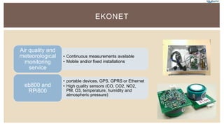 EKONET
• Continuous measurements available
• Mobile and/or fixed installations
Air quality and
meteorological
monitoring
service
• portable devices, GPS, GPRS or Ethernet
• High quality sensors (CO, CO2, NO2,
PM, O3, temperature, humidity and
atmospheric pressure)
eb800 and
RPi800
 