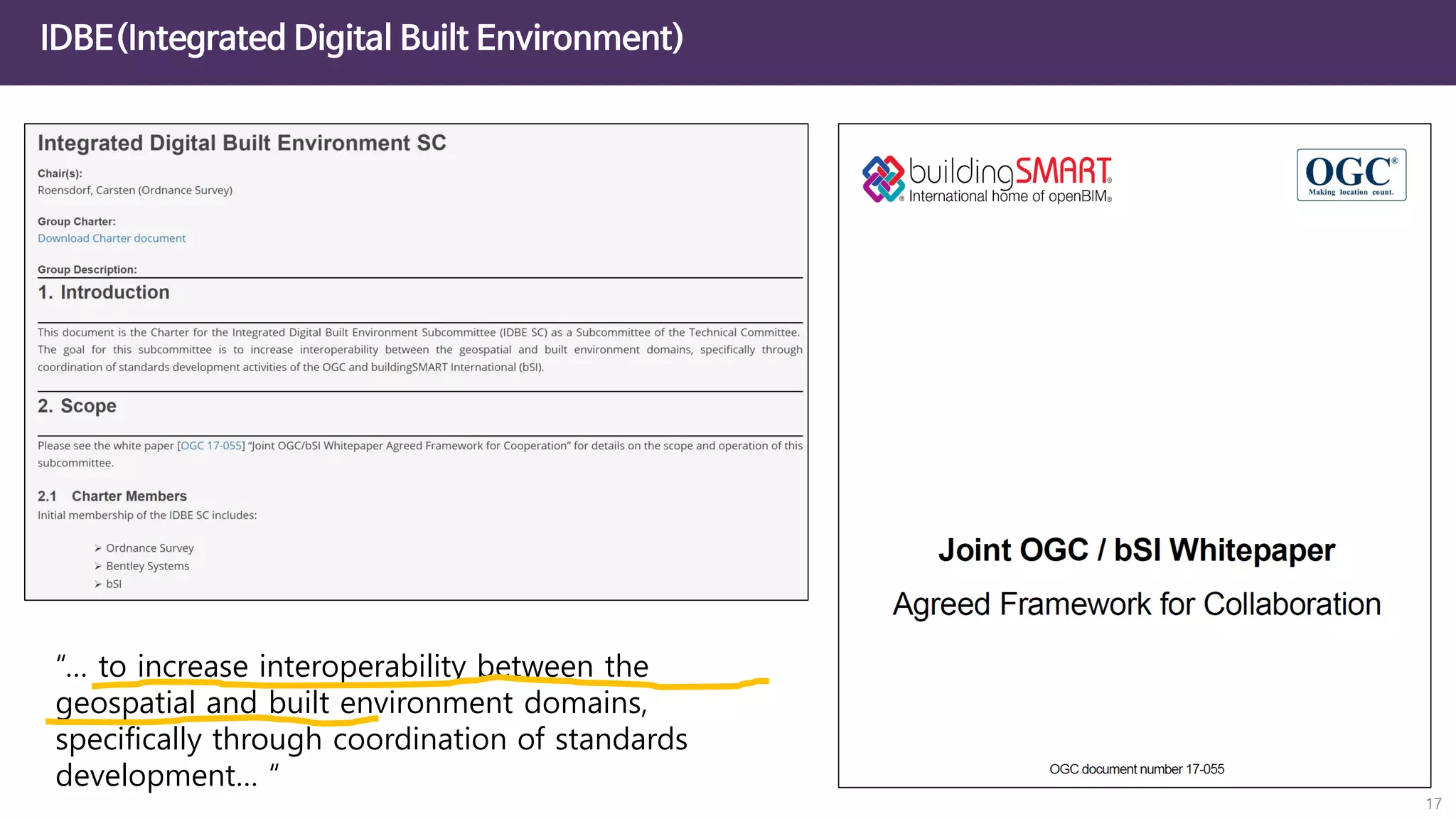 IDBE(Integrated Digital Built Environment)
17
“… to increase interoperability between the
geospatial and built environment domains,
specifically through coordination of standards
development… “
 