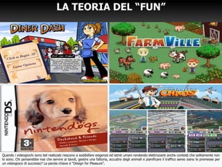11
Quando i videogiochi sono bel realizzati riescono a soddisfare esigenze ed istinti umani rendendo elettrizzanti anche contesti che solitamente non
lo sono. Chi penserebbe mai che servire ai tavoli, gestire una fattoria, accudire degli animali e pianificare il traffico aereo siano le premesse per
un videogioco di successo? La parola chiave è “Design for Pleasure”.
LA TEORIA DEL “FUN”
 