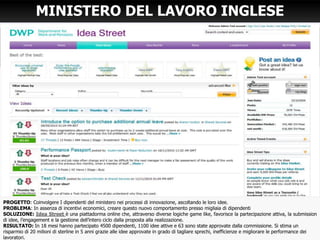 MINISTERO DEL LAVORO INGLESE
PROGETTO: Coinvolgere I dipendenti del ministero nei processi di innovazione, ascoltando le loro idee.
PROBLEMA: In assenza di incentivi economici, creare questo nuovo comportamento presso migliaia di dipendenti
SOLUZIONE: Idea Street è una piattadorma online che, attraverso diverse logiche game like, favorisce la partecipazione attiva, la submission
di idee, l’engagement e la gestione dell’intero ciclo dalla proposta alla realizzazione.
RISULTATO: In 18 mesi hanno partecipato 4500 dipendenti, 1100 idee attive e 63 sono state approvate dalla commissione. Si stima un
risparmio di 20 milioni di sterline in 5 anni grazie alle idee approvate in grado di tagliare sprechi, inefficienze e migliorare le performance dei
lavoratori.
 