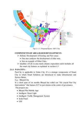 Fig-2.1.1.3: Proposed layout: GIFT City
COMPONENTS OF AREA BASED DEVELOPMENT:
 Holistic Development of Existing and New areas:
 One area catalyzes the development of other area.
 Sets an example of Other Cities.
 Qualities of Life in area meets citizens expectation and it includes all
the smart city features as explained in section-1.5
2.1.1 PAN-CITY:
Pan-City is applicable to Entire City. It’s a strategic components of Smart
City in which Smart Solutions are introduced to make infrastructure and
Service Better.
E.g. - Bhopal City
In a short span of six months Bhopal has rolled out “Six crucial Pan City
Interventions” that harness ICT to put citizens at the centre of governance.
The projects are:
 Bhopal Plus Mobile App
 Intelligent Street Light
 Intelligent Traffic Management System
 Solar Panel
 GIS
 