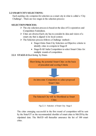 2.2 SMART CITY SELECTIONS:
Each aspiring city competes for selection as a smart city in what is called a ‘City
Challenge’. There are two stages in the selection process:
SELECTION PROCESS:
 The city selection process is based on the idea of Co-operatives and
Competition Federalism.
 Cities are diverse-Each city has to consider its idea and vision of a
smart city that is aligned to its local context.
 The Selection process follows a Challenge method:-
 Stage-I-Intra State City Selection on Objective criteria to
identify cities to compete in Stage-II
 Stage-II-All India Competition to select Smart Cities for
multiple rounds of competition.
2.2.1 STAGE-I-Shortlisting by States
Fig-2.2.1: Selection of Smart City: Stage-I
The cities emerging successful in the first round of competition will be sent
by the State/UT as the recommended shortlist of smart cities to MoUD by the
stipulated date. The MoUD will thereafter announce the list of 100 smart
cities.
Short listing the potential Smart Cities on the basis
of precedent and scoring Criteria
An intra-state Competition to select proposed
Smart Cities
The Selected City will be Shortlisted as Smart
Cities
 