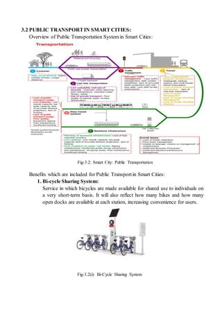 3.2 PUBLIC TRANSPORTIN SMART CITIES:
Overview of Public Transportation System in Smart Cities:
Fig-3.2: Smart City: Public Transportation
Benefits which are included for Public Transportin Smart Cities:
1. Bi-cycle Sharing System:
Service in which bicycles are made available for shared use to individuals on
a very short-term basis. It will also reflect how many bikes and how many
open docks are available at each station, increasing convenience for users.
Fig-3.2(i): Bi-Cycle Sharing System
 