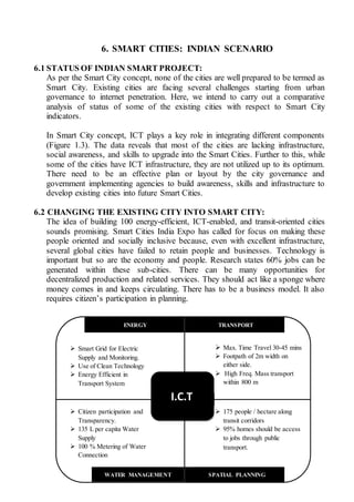 6. SMART CITIES: INDIAN SCENARIO
6.1 STATUS OF INDIAN SMART PROJECT:
As per the Smart City concept, none of the cities are well prepared to be termed as
Smart City. Existing cities are facing several challenges starting from urban
governance to internet penetration. Here, we intend to carry out a comparative
analysis of status of some of the existing cities with respect to Smart City
indicators.
In Smart City concept, ICT plays a key role in integrating different components
(Figure 1.3). The data reveals that most of the cities are lacking infrastructure,
social awareness, and skills to upgrade into the Smart Cities. Further to this, while
some of the cities have ICT infrastructure, they are not utilized up to its optimum.
There need to be an effective plan or layout by the city governance and
government implementing agencies to build awareness, skills and infrastructure to
develop existing cities into future Smart Cities.
6.2 CHANGING THE EXISTING CITY INTO SMART CITY:
The idea of building 100 energy-efficient, ICT-enabled, and transit-oriented cities
sounds promising. Smart Cities India Expo has called for focus on making these
people oriented and socially inclusive because, even with excellent infrastructure,
several global cities have failed to retain people and businesses. Technology is
important but so are the economy and people. Research states 60% jobs can be
generated within these sub-cities. There can be many opportunities for
decentralized production and related services. They should act like a sponge where
money comes in and keeps circulating. There has to be a business model. It also
requires citizen’s participation in planning.
ENERGY
 Smart Grid for Electric
Supply and Monitoring.
 Use of Clean Technology
 Energy Efficient in
Transport System
TRANSPORT
 Max. Time Travel 30-45 mins
 Footpath of 2m width on
either side.
 High Freq. Mass transport
within 800 m
I.C.T
WATER MANAGEMENT
 Citizen participation and
Transparency.
 135 L per capita Water
Supply
 100 % Metering of Water
Connection
SPATIAL PLANNING
 175 people / hectare along
transit corridors
 95% homes should be access
to jobs through public
transport.
 
