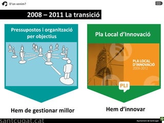 2008 – 2011 La transició Hem de gestionar millor Hem d’innovar Pla   Local   d’Innovació Pressupostos i organització per objectius 